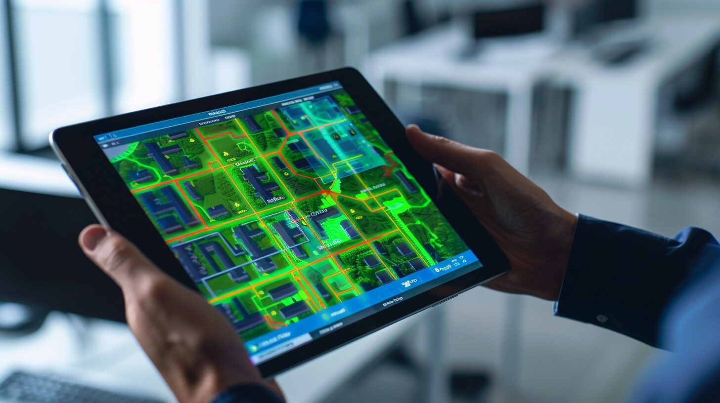Tablet zeigt farbige WLAN-Heatmap zur professionellen Ausleuchtung von Unternehmensnetzwerken