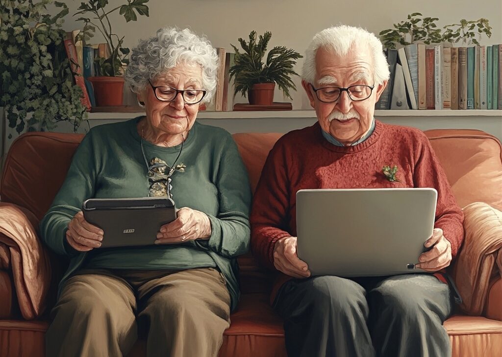 Senioren nutzen Tablet und Laptop zur digitalen Teilhabe im Pflegeheim