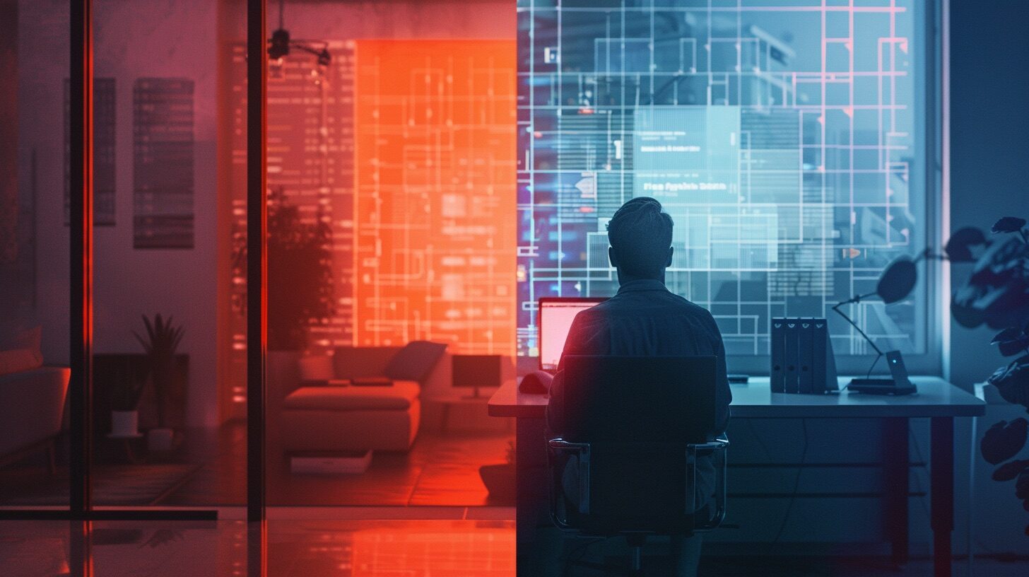 Person analysiert WLAN-Heatmap in moderner Umgebung – Gegenüberstellung von WLAN-Problemen und professioneller Planung